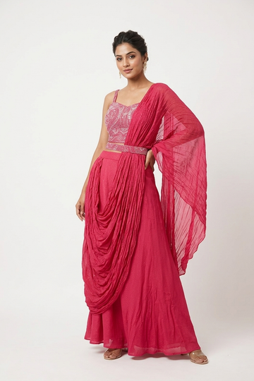 Dark Pink Drape Saree Style Set With Embroidered Blouse