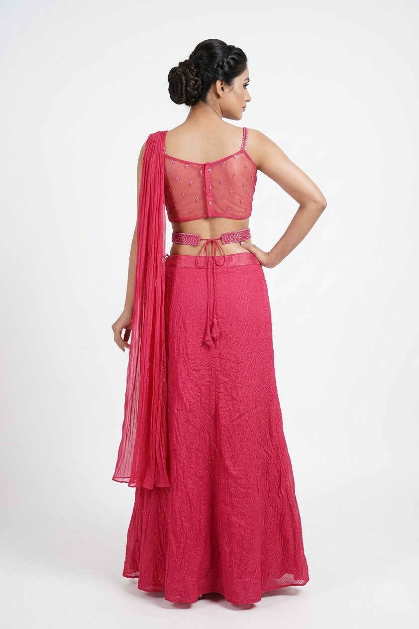 Dark Pink Drape Saree Style Set With Embroidered Blouse