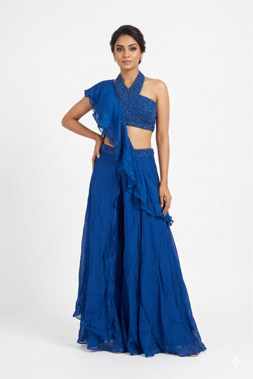 Royal Blue ONE Shoulder Embroidered Indo Western Draped Set