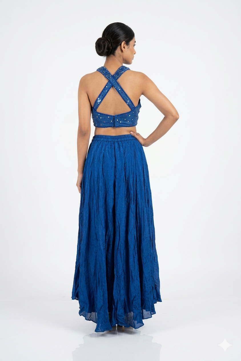 Royal Blue ONE Shoulder Embroidered Indo Western Draped Set