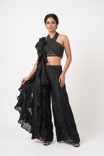 Black Sequin Halter Crop Top Palazzo Set With Ruffle Dupatta
