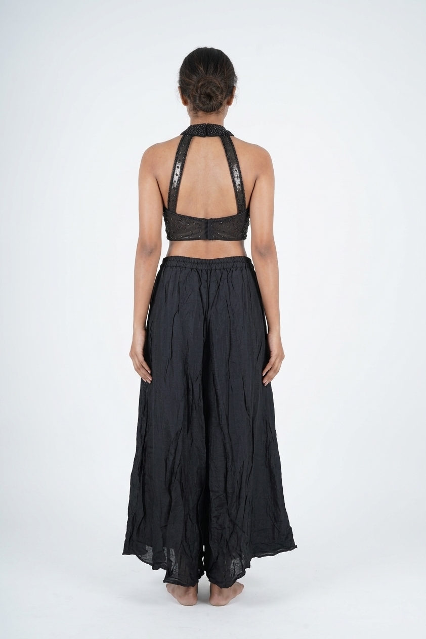 Black Sequin Halter Crop Top Palazzo Set With Ruffle Dupatta