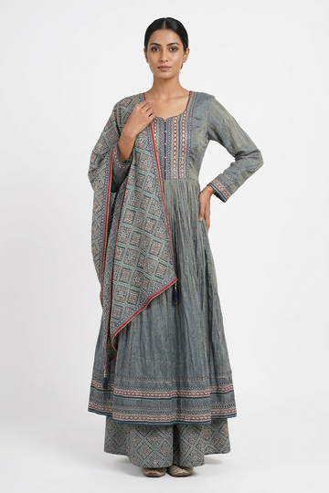 Steel Grey Printed Kurta Palazzo Set With Dupatta