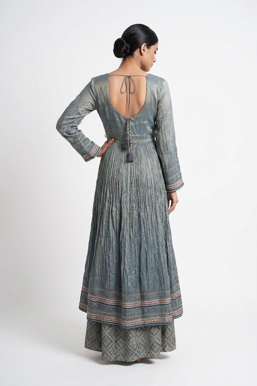 Steel Grey Printed Kurta Palazzo Set With Dupatta