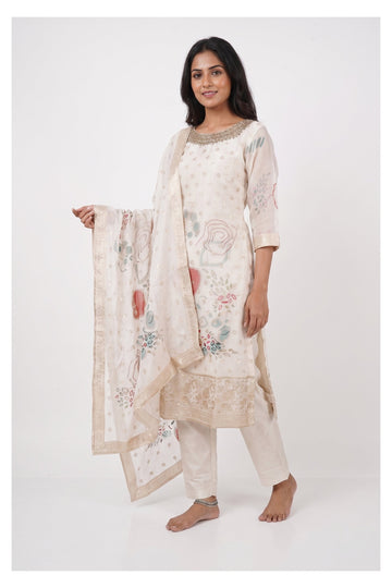 Cream Floral Embroidered Kurta Pant Set With Designer Dupatta