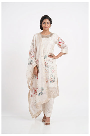 Ivory Printed Kurta Pant Set With Dupatta