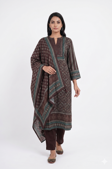 Chocolate Brown Printed Kurta Pant Set With Ethnic Dupatta