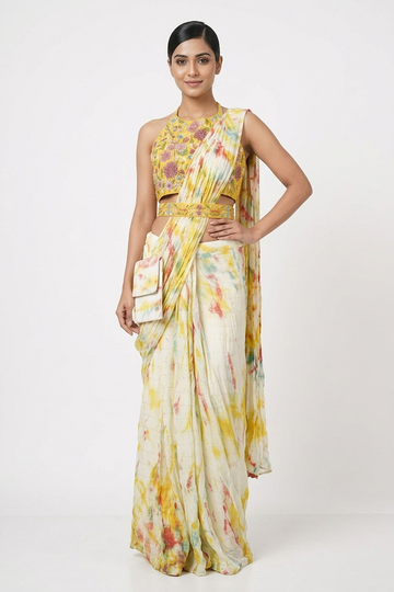 Sunshine Tie-Dye Draped Saree Set With Embroidered Crop Top & Belt