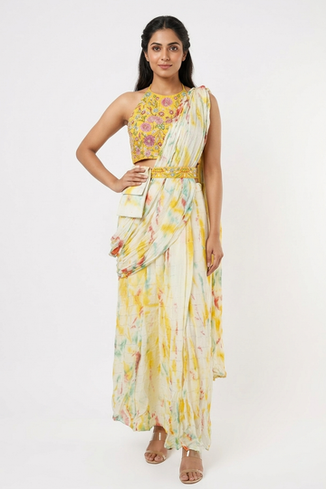 Ivory Multicolor Tie-Dye Draped Saree Set With Embroidered Blouse