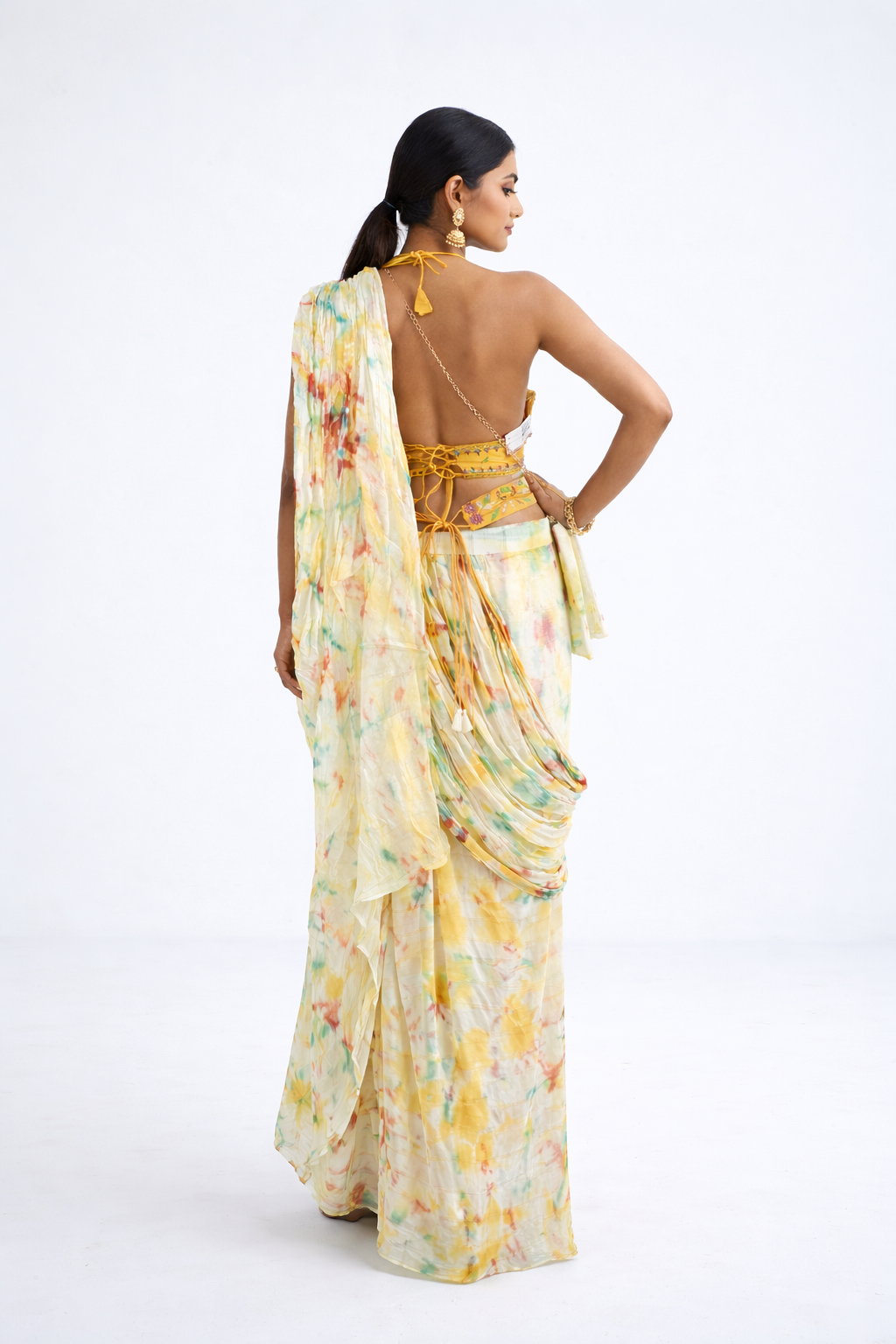 Ivory Multicolor Tie-Dye Draped Saree Set With Embroidered Blouse