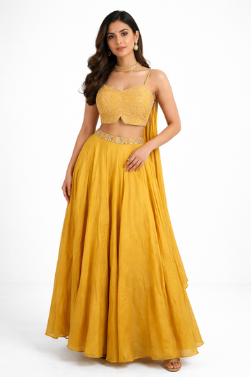 Sunshine Yellow Embellished Lehenga Set with Designer Blouse & Choker Dupatta
