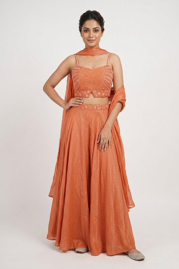 Coral Shimmer Co-Ord Set With Embellished Blouse & Flared Palazzo