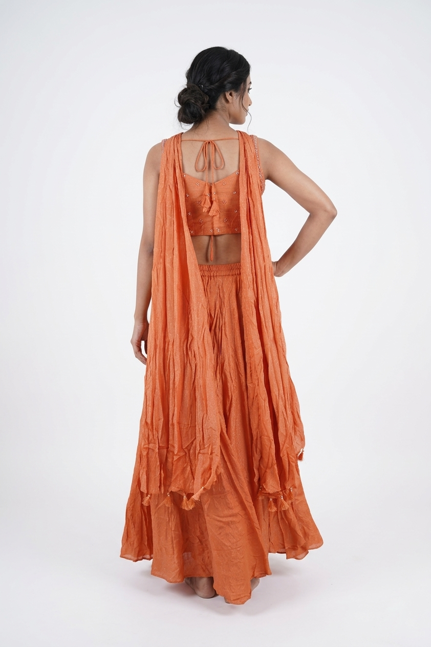 Coral Shimmer Co-Ord Set With Embellished Blouse & Flared Palazzo