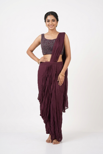 Wine Draped Saree Set With Embellished Blouse