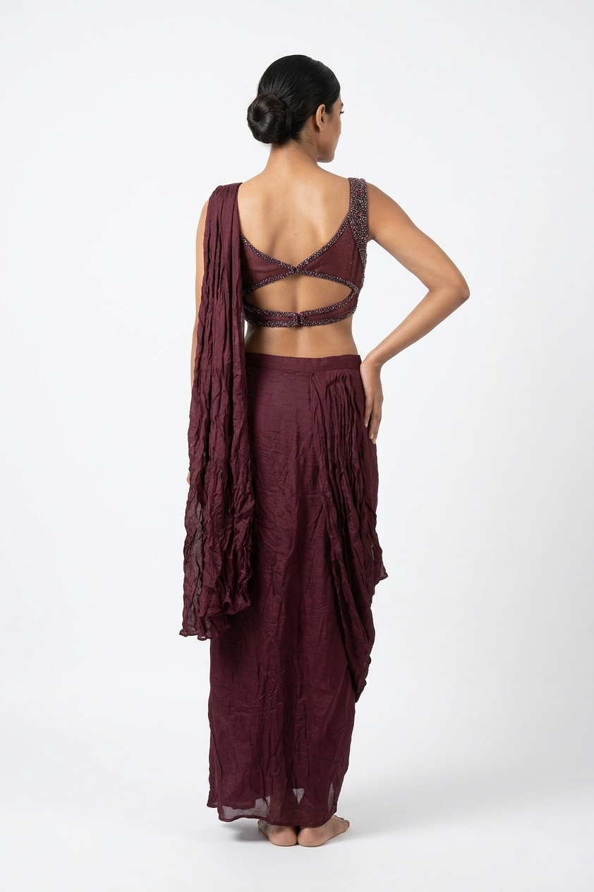 Wine Draped Saree Set With Embellished Blouse
