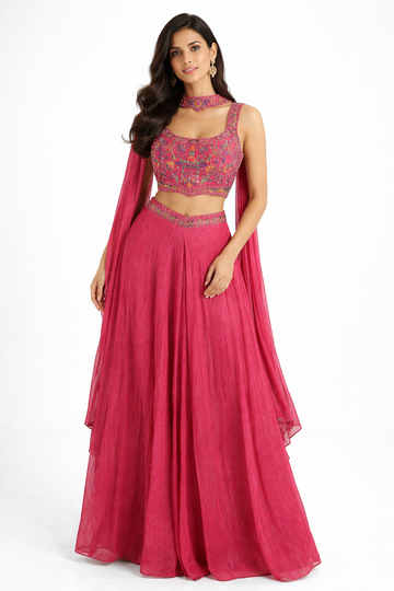 Rani Pink Embroidered Lehenga Set with Statement Blouse & Choker Dupatta