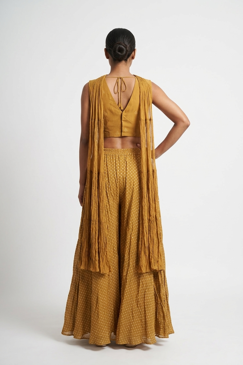 Mustard Draped Sharara Set With Embellished Blouse & Dupatta
