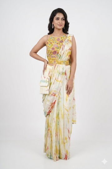 Sunlit Floral Tie-Dye Drape Set with Embroidered Halter Blouse &amp; Attached Pallu