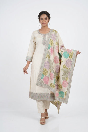 Ivory Floral Designer Kurta Pant Set With Printed Dupatta
