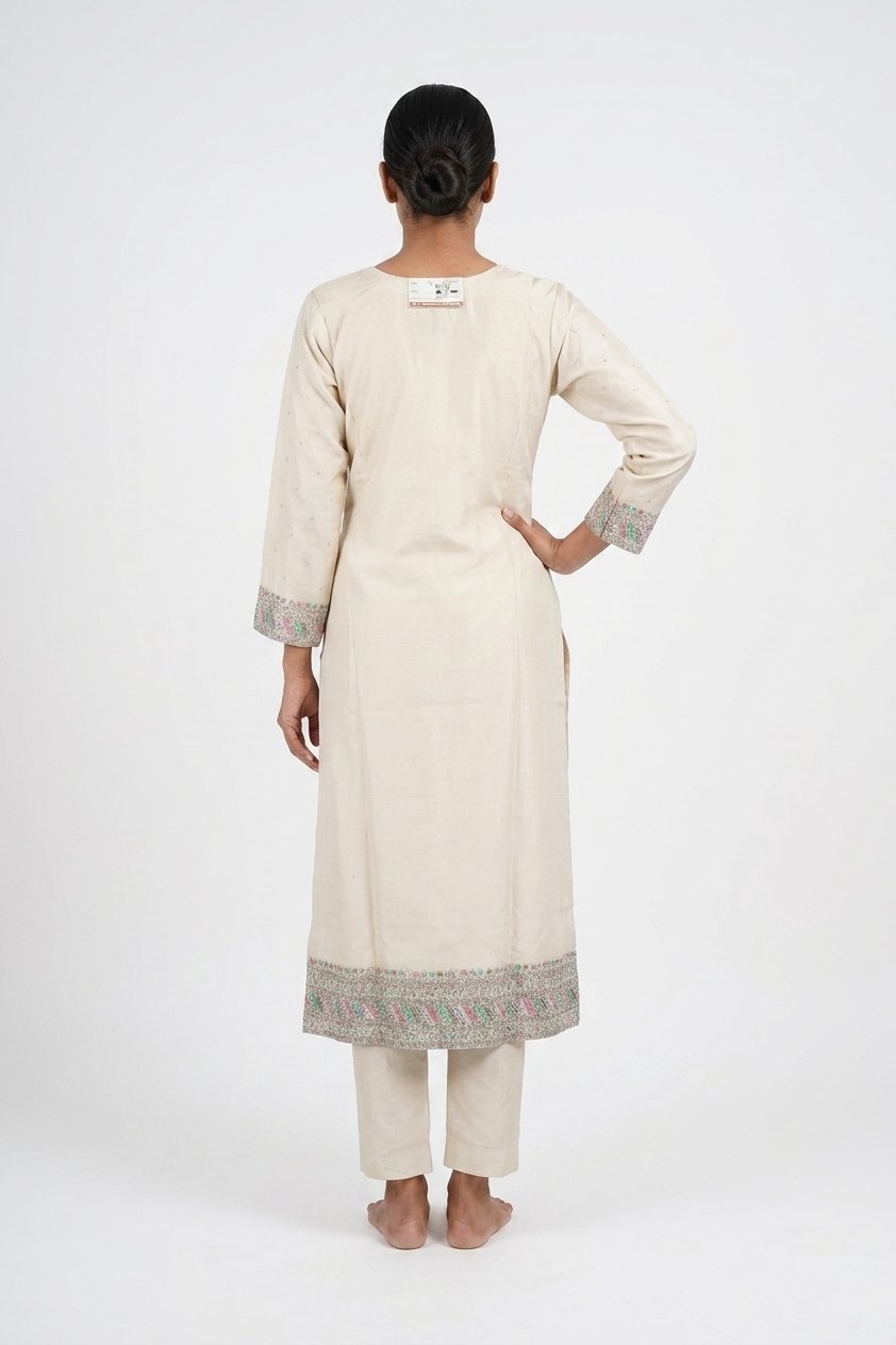 Ivory Floral Designer Kurta Pant Set With Printed Dupatta