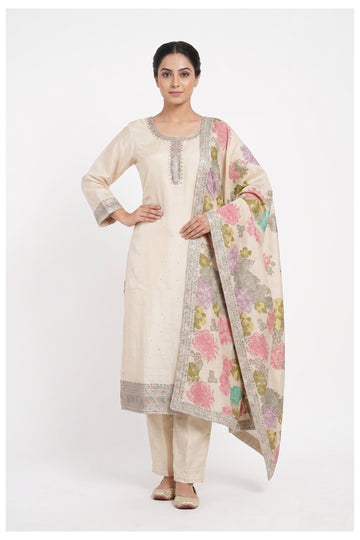 Ivory Floral Printed Kurta Pant Set With Designer Dupatta