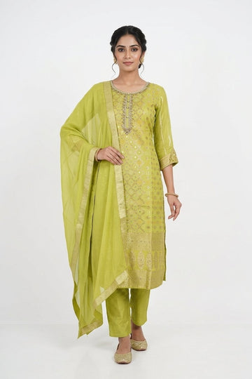 Lime Green Embroidered Festive Kurta Pant Set With Dupatta