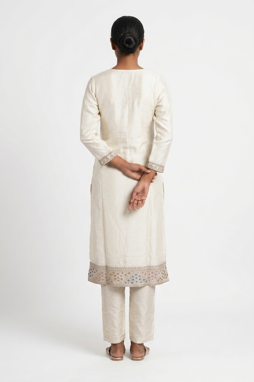 Elegant Ivory Embroidered Kurta Pant Set With Chiffon Dupatta