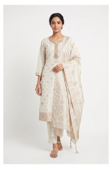 Ivory Embroidered Kurta Pant Set With Woven Dupatta