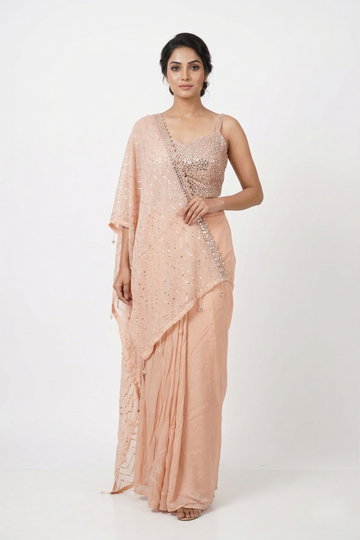 Peach Indo-Western Draped Skirt Set