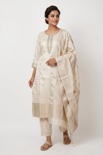 Ivory Woven Festive Kurta Pant Set With Jacquard Dupatta