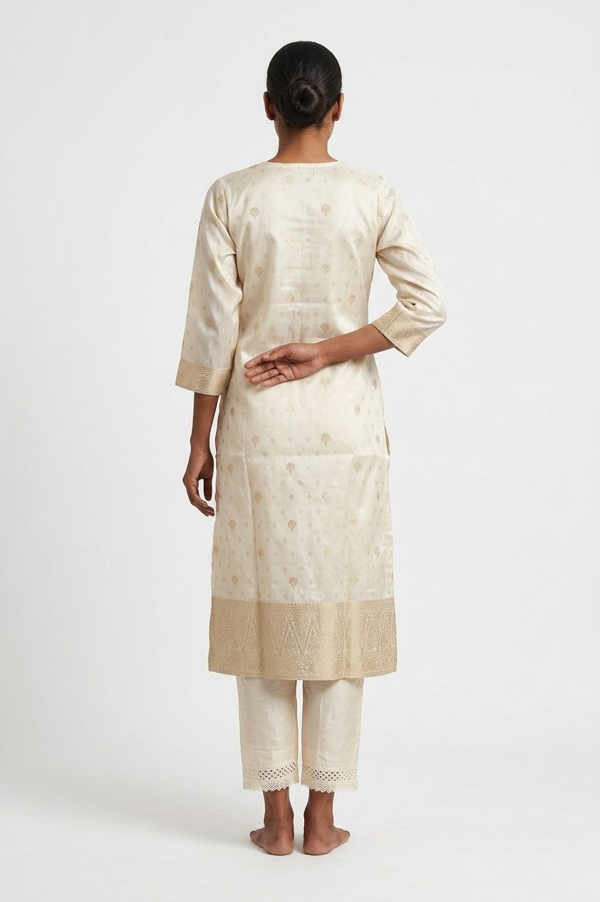Ivory Woven Festive Kurta Pant Set With Jacquard Dupatta
