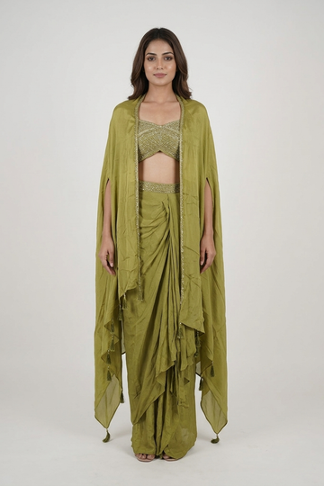 Olive Green Draped Saree Set with Embellished Blouse & Cape Dupatta