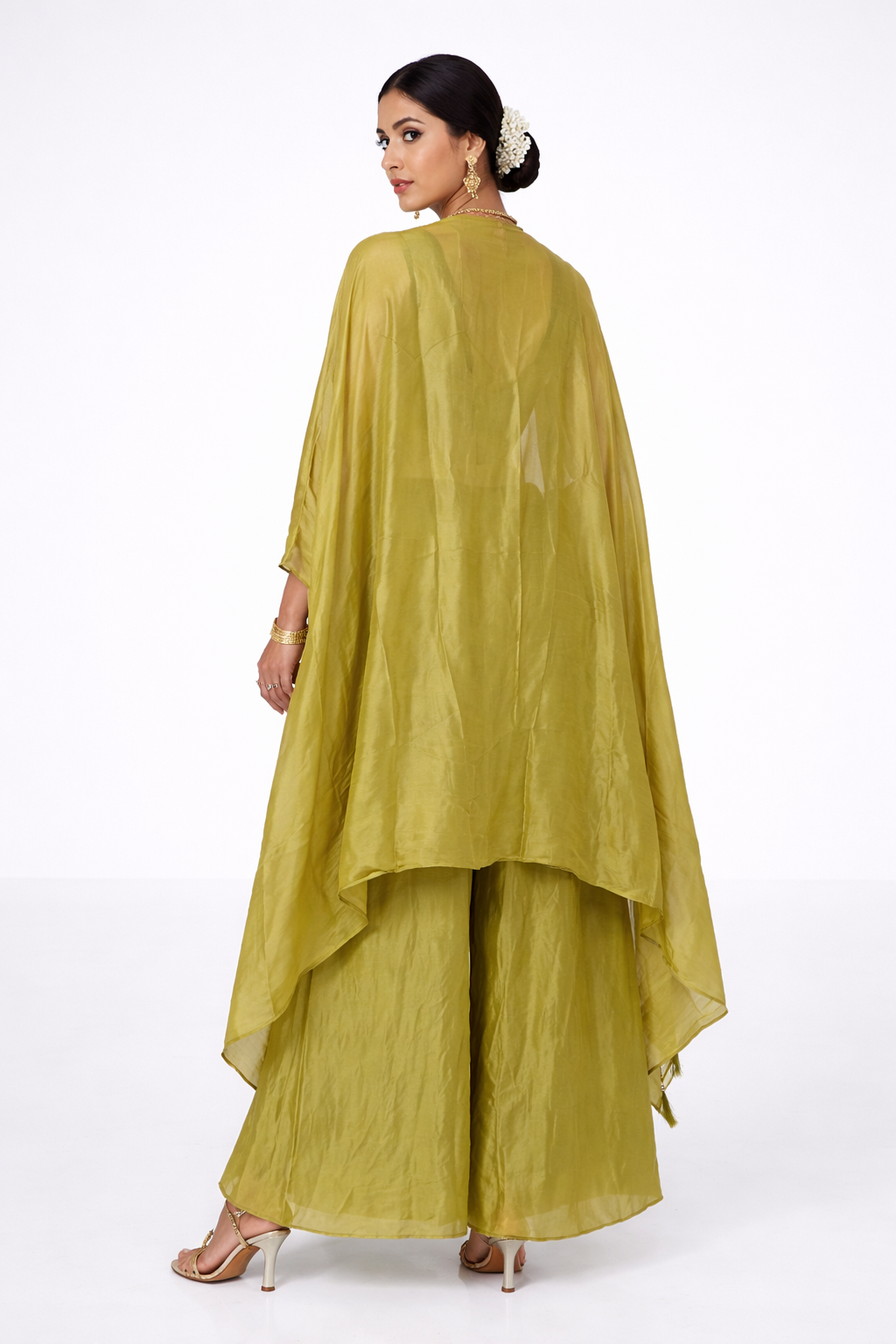 Olive Green Draped Saree Set with Embellished Blouse & Cape Dupatta