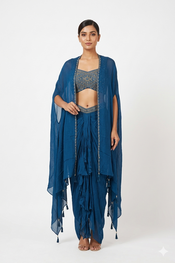 Deep Steel Blue Draped Dhoti Set With Embroidered Blouse & Cape Dupatta