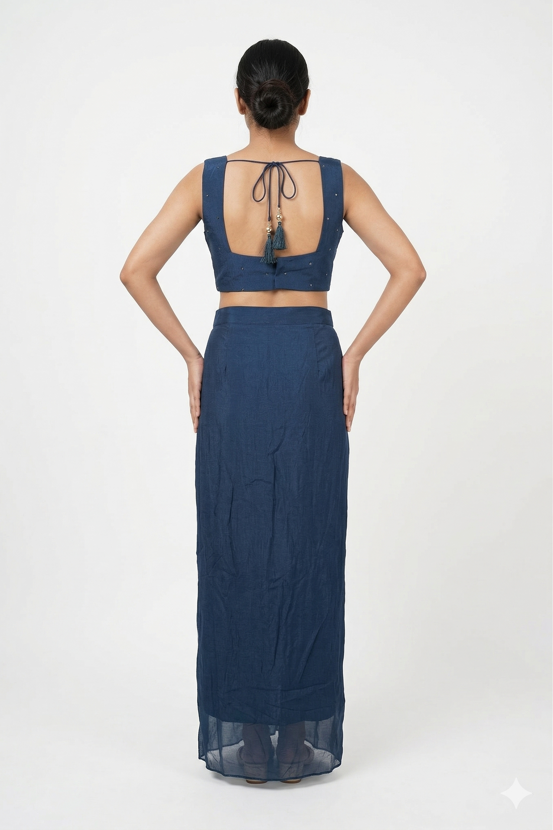 Deep Steel Blue Draped Dhoti Set With Embroidered Blouse & Cape Dupatta