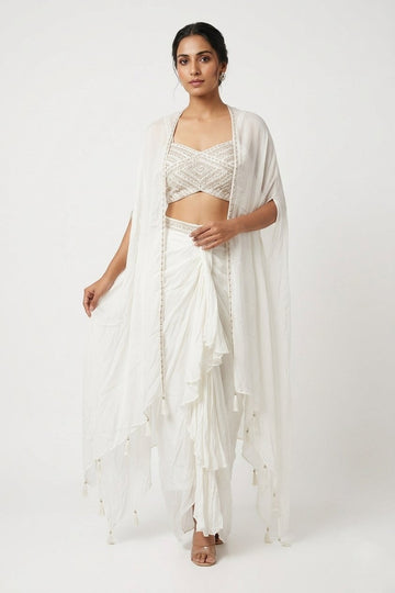 Ivory Draped Saree Set With Embroidered Blouse & Cape Dupatta