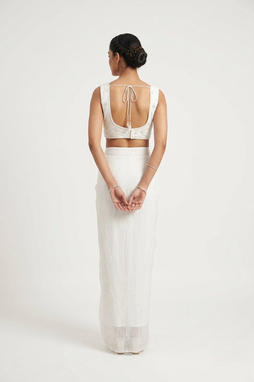 Ivory Draped Saree Set With Embroidered Blouse & Cape Dupatta