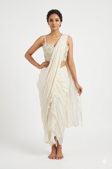 Ivory White Draped Saree Set With Embroidered Blouse