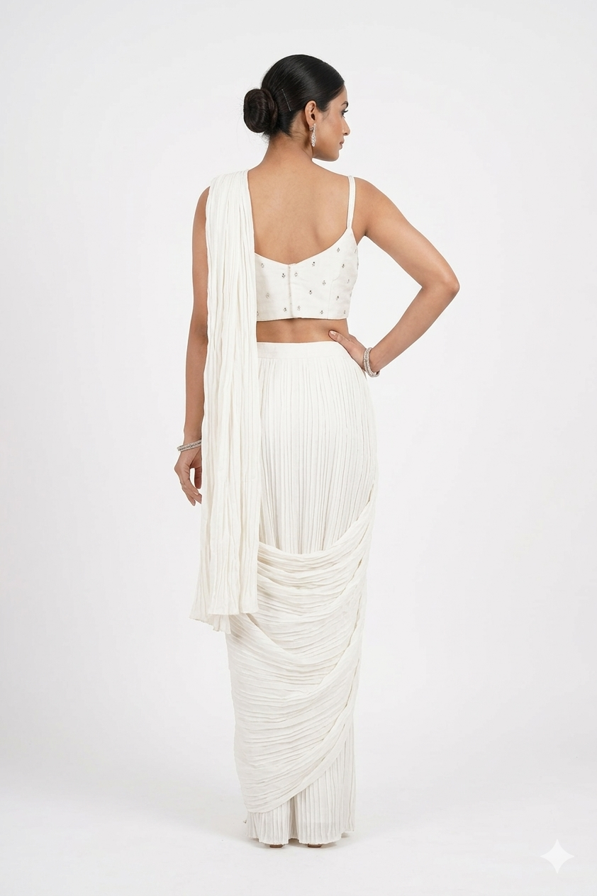 Ivory White Draped Saree Set With Embroidered Blouse
