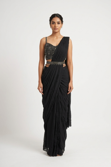 Midnight Black Draped Saree Co-Ord Set With Embellished Blouse