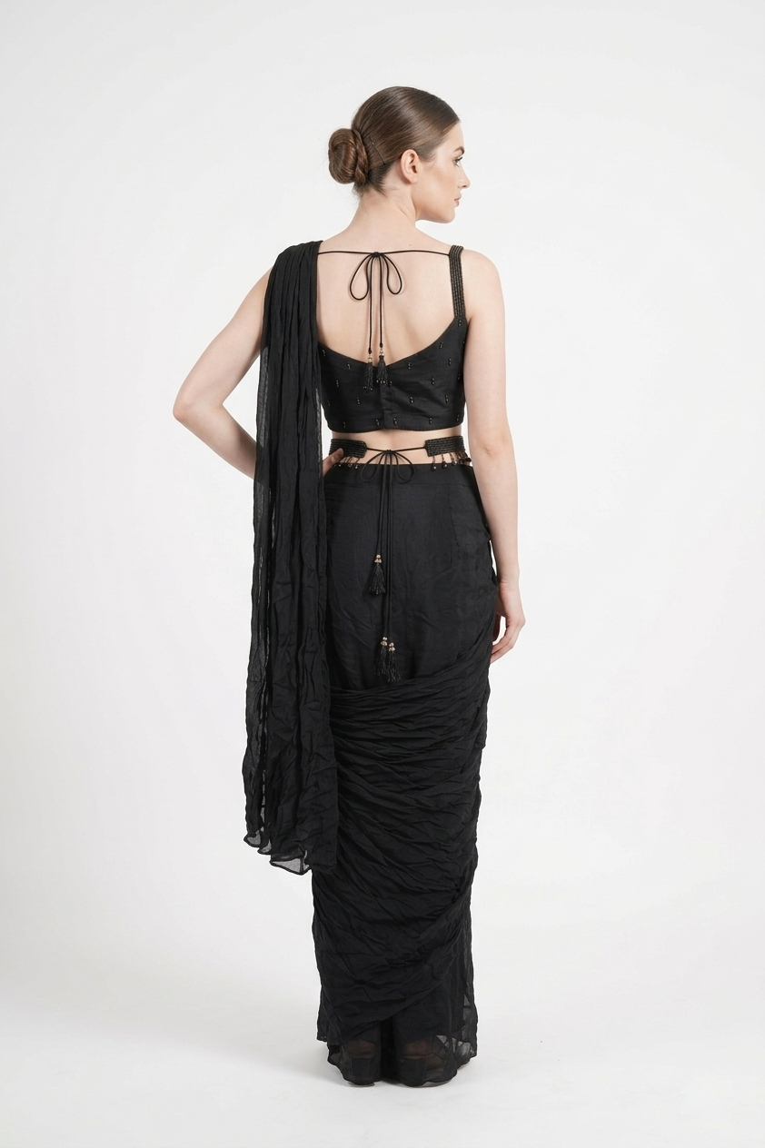 Midnight Black Draped Saree Co-Ord Set With Embellished Blouse