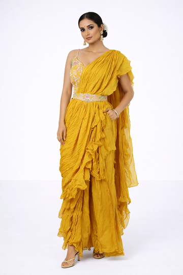 Mustard Ruffle Drape Saree Set with Embroidered Blouse & Statement Shoulder Pallu