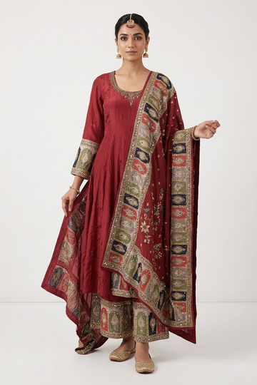 Rosy Brown Maroon Traditional Kurta Palazzo Set With Designer Dupatta
