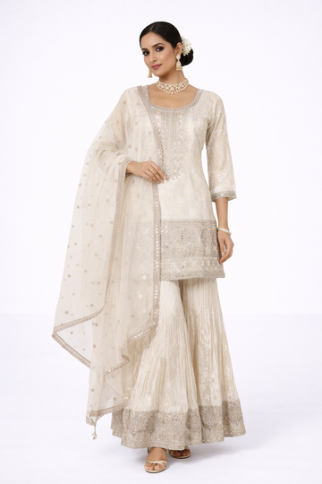 Linen Elegance Kurta Sharara Set with Embroidered Dupatta