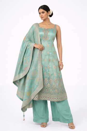 Medium aqua Embroidered Kurta Palazzo Set with Designer Dupatta