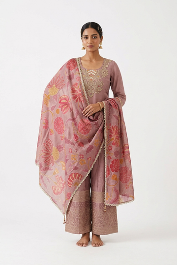 Rose Gold Floral Kurta Set With Printed Dupatta & Palazzo