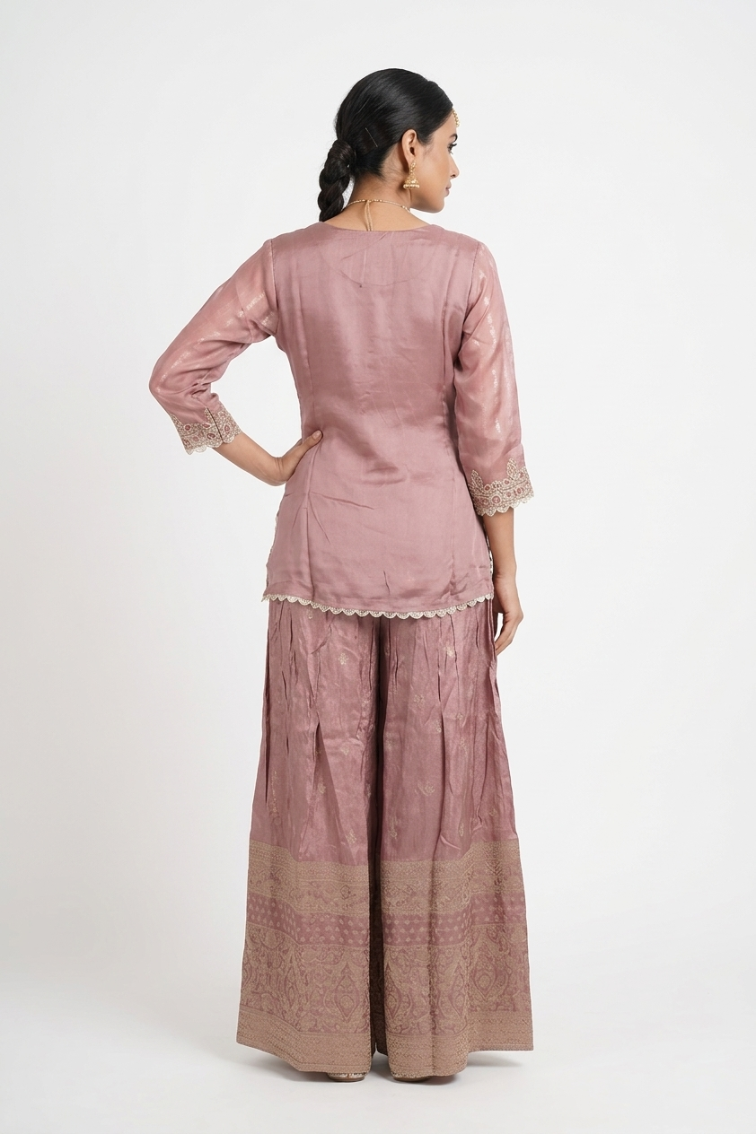 Rose Gold Floral Kurta Set With Printed Dupatta & Palazzo
