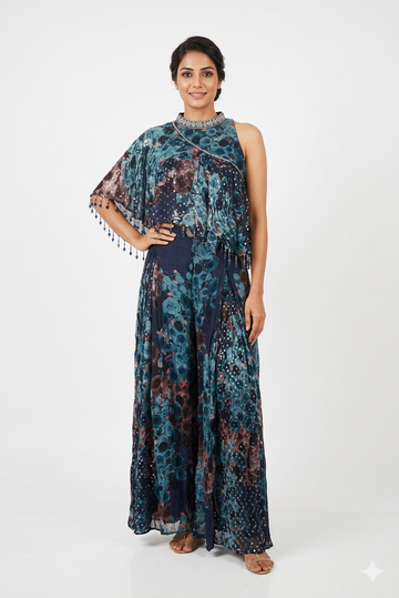Steel Blue Printed ONE Shoulder Indowestern Draped Set