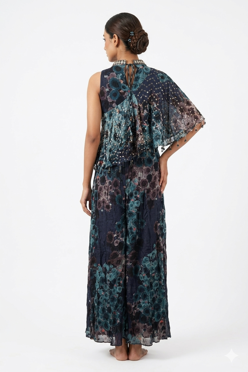 Steel Blue Printed ONE Shoulder Indowestern Draped Set