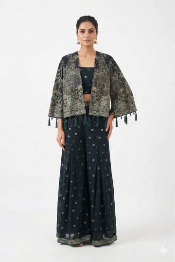 Emerald Noir Printed Jacket Style Indo-western Palazzo Set